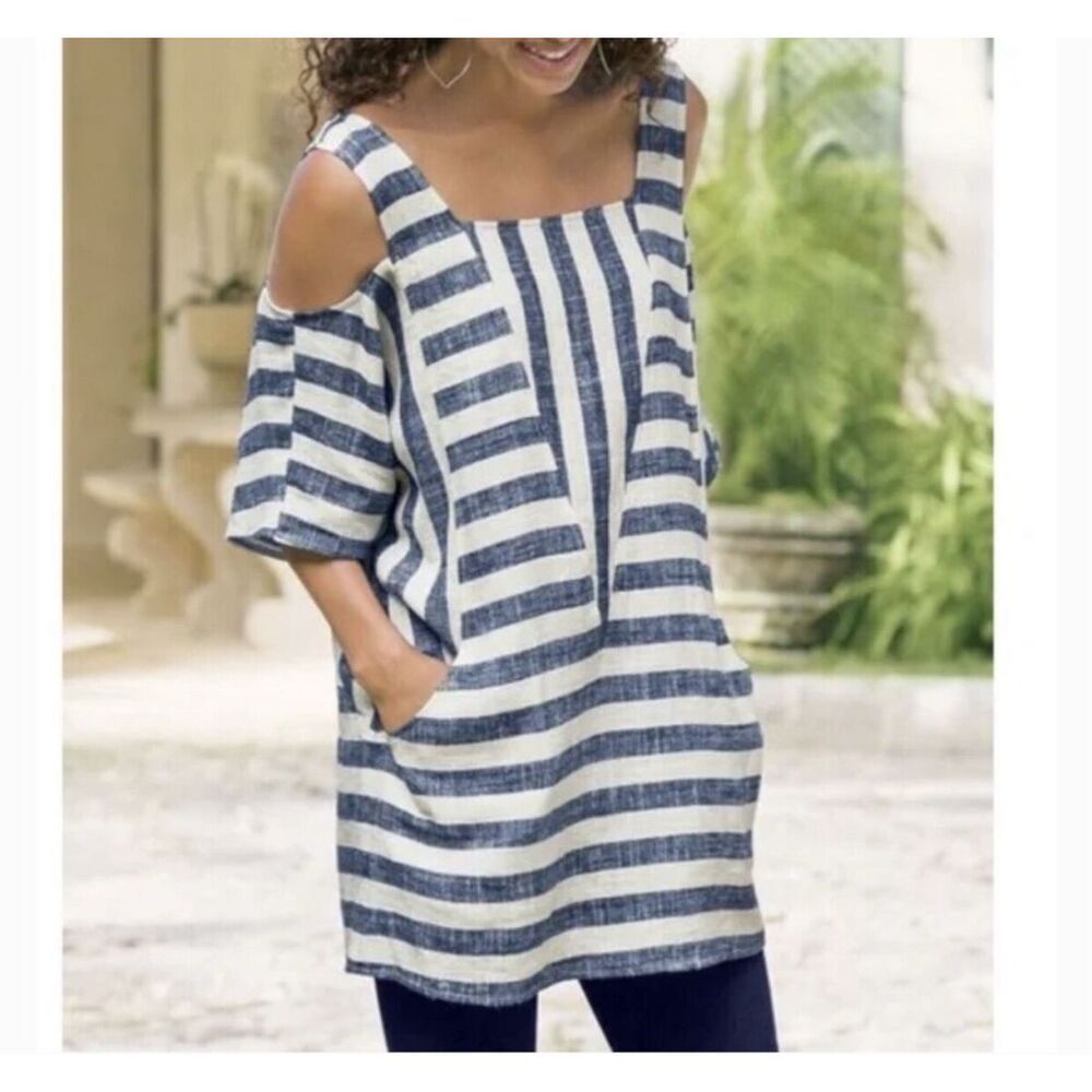 SOFT SURROUNDINGS | Sunset Park Tunic Navy Blue White Stripe Linen Blend | 1X